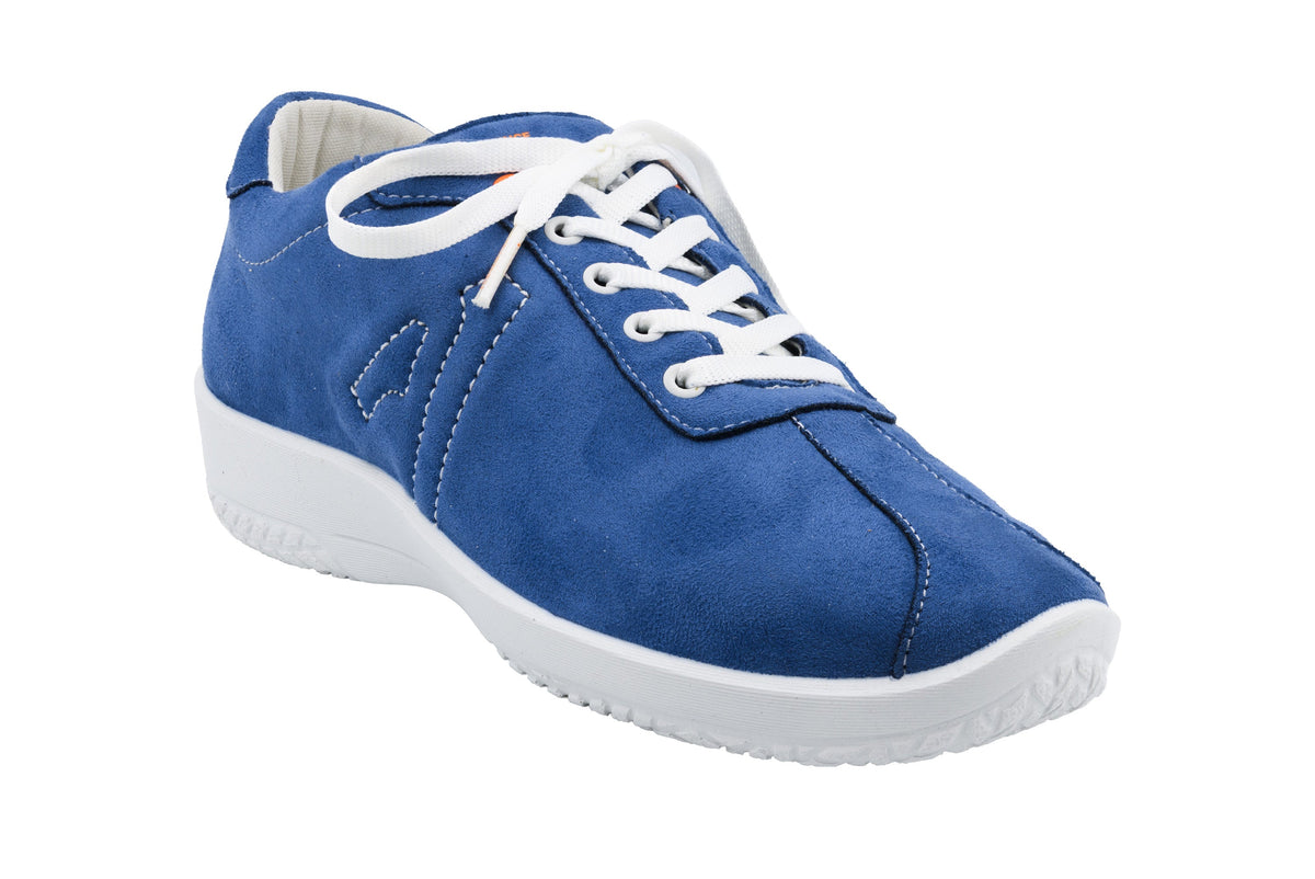 Blue sneaker with white laces on a white background