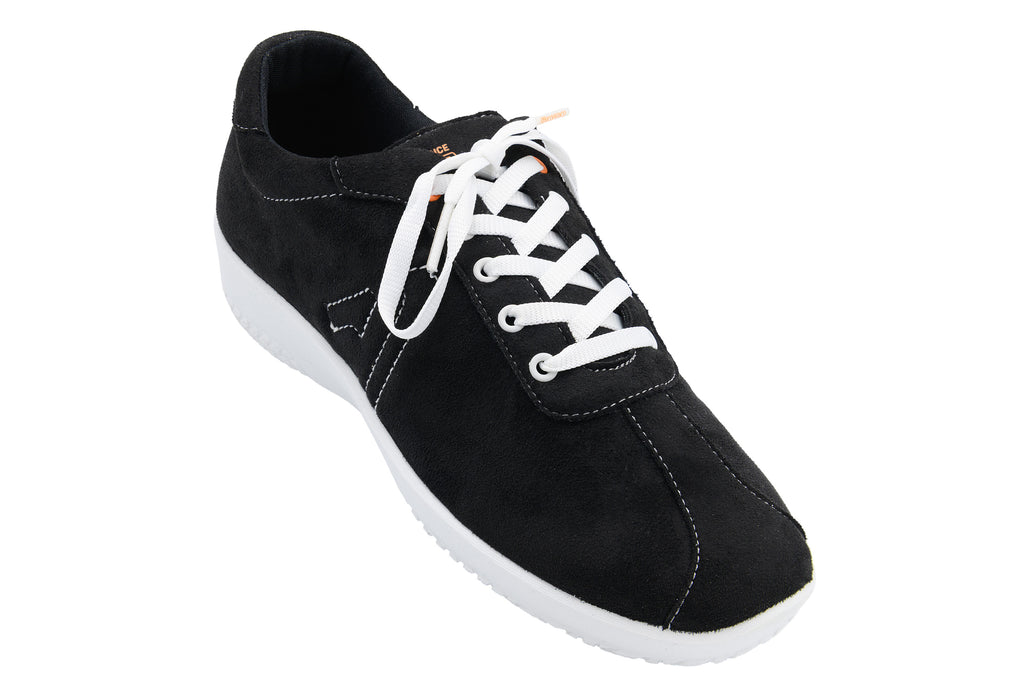 Black sneaker with white laces on a white background