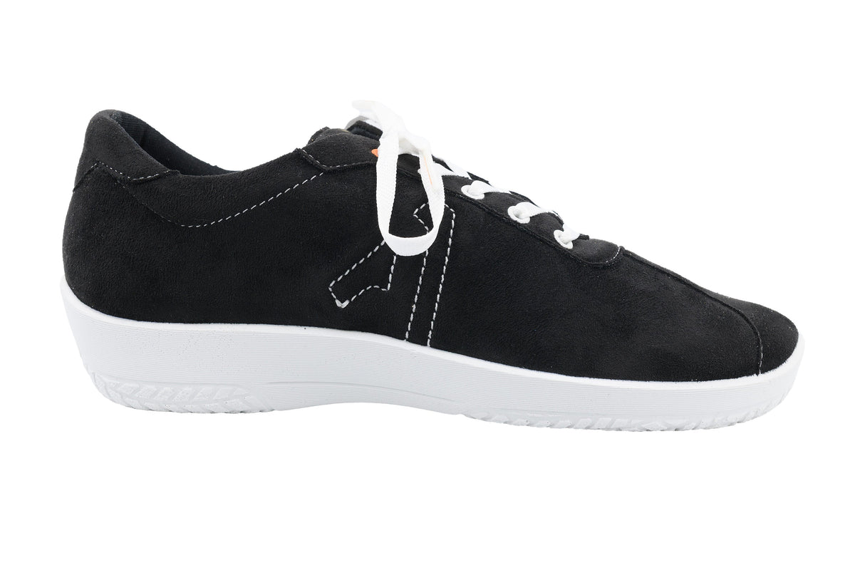 Black sneaker with white laces on a white background