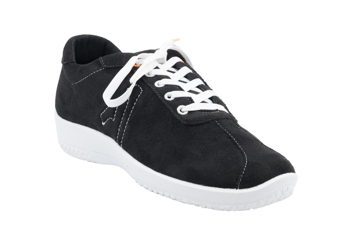 Black sneaker with white laces on a white background