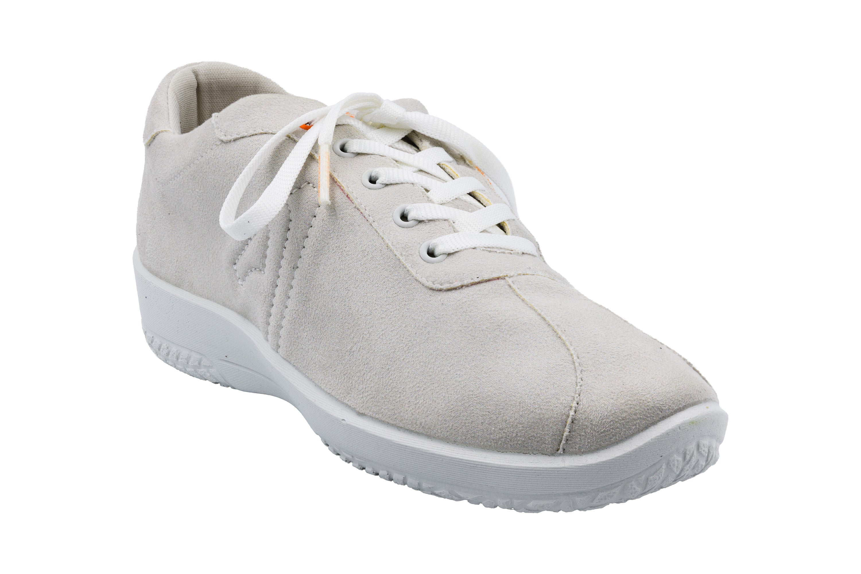 Light gray sneaker with white laces on a white background