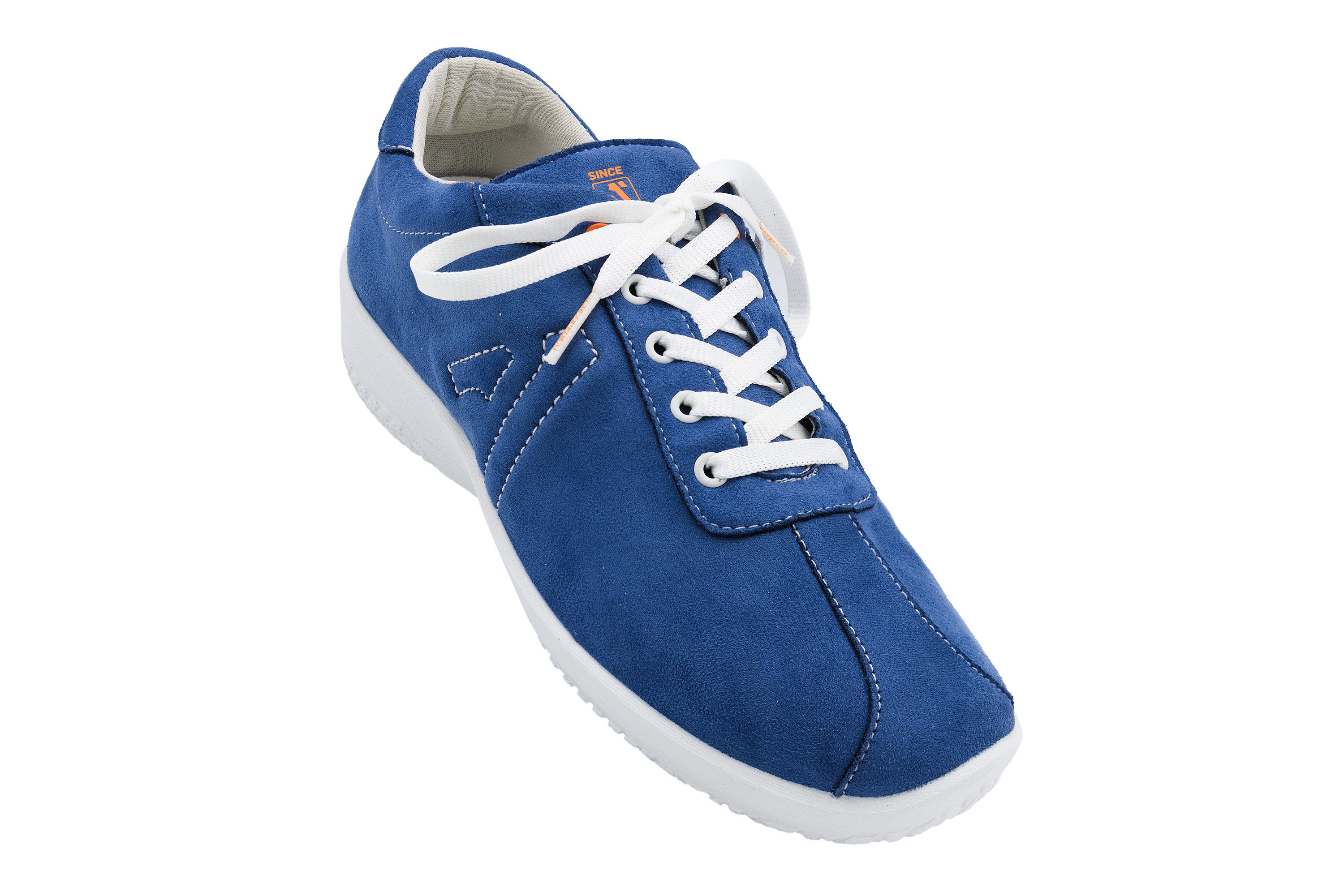 Blue sneaker with white laces on a white background