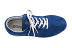 Blue sneaker with white laces on a white background