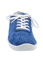 Blue sneaker with white laces on a white background
