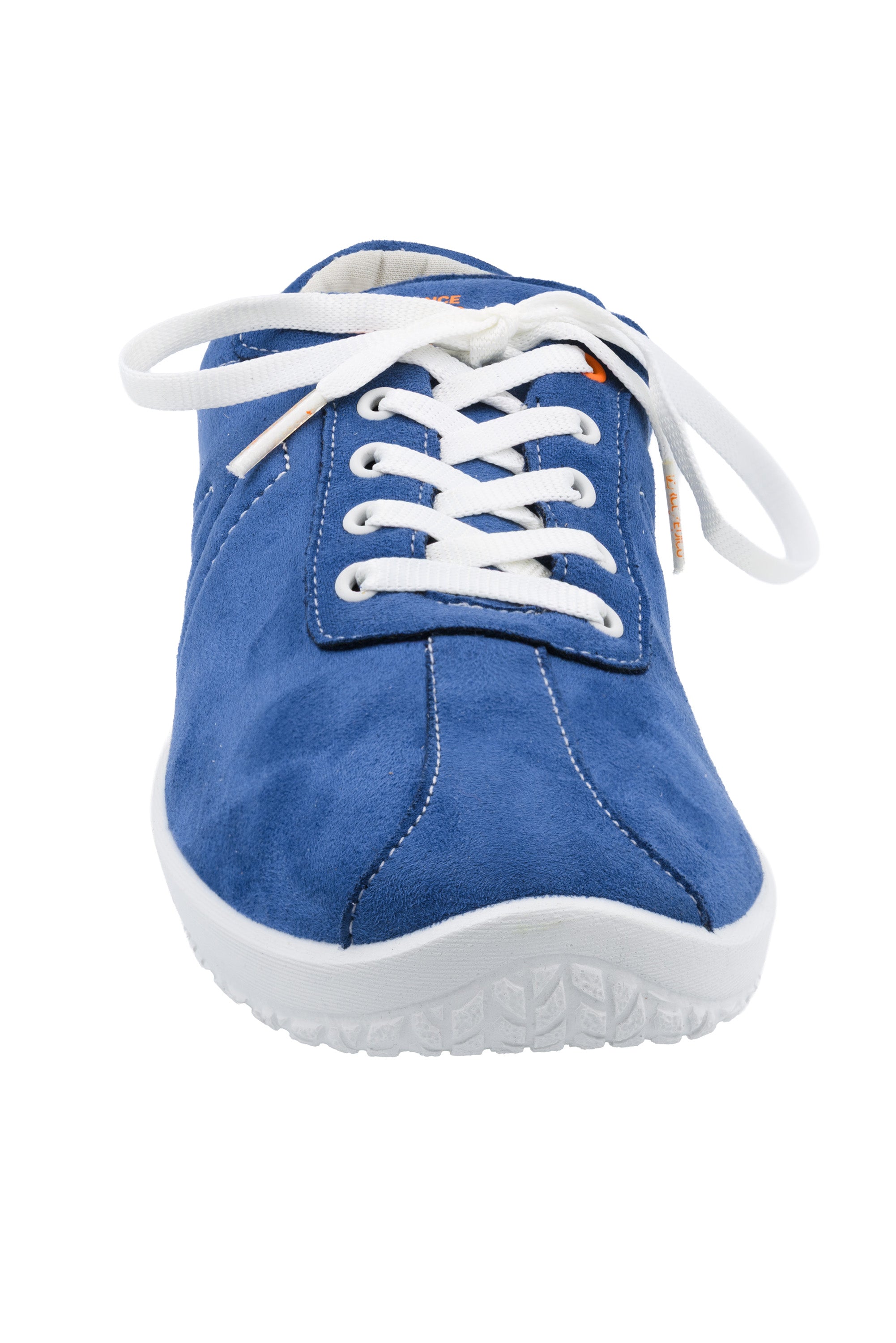 Blue sneaker with white laces on a white background