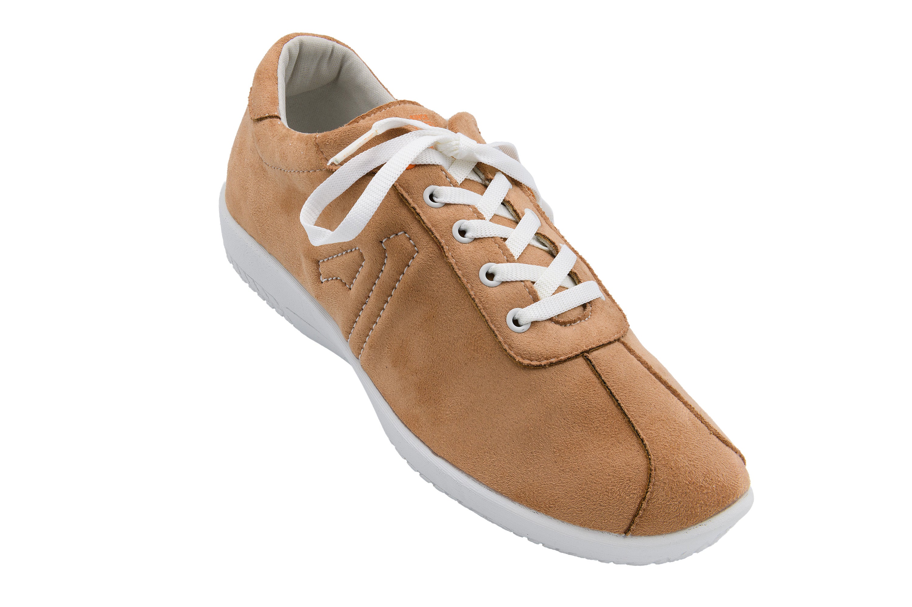 Tan sneaker with white laces on a white background