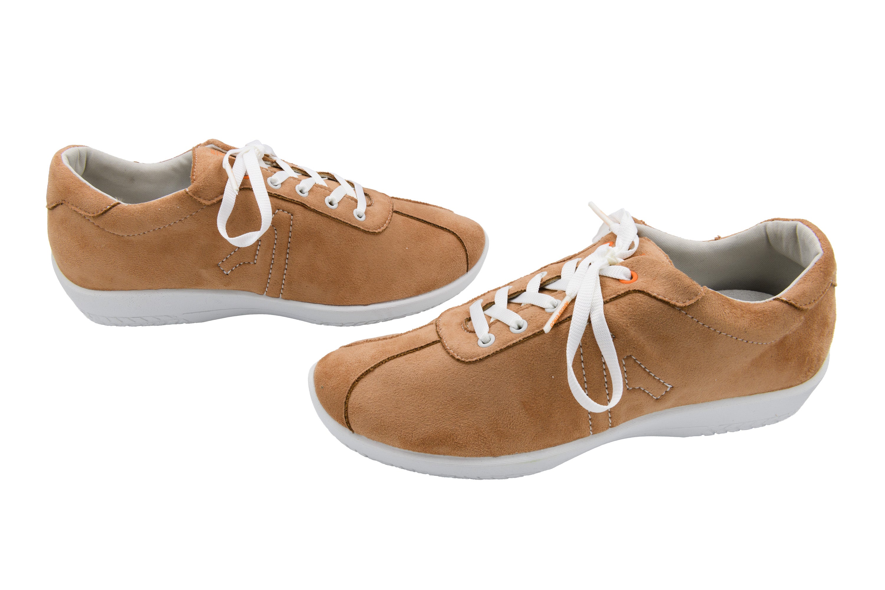 Pair of tan sneakers with white laces on a white background