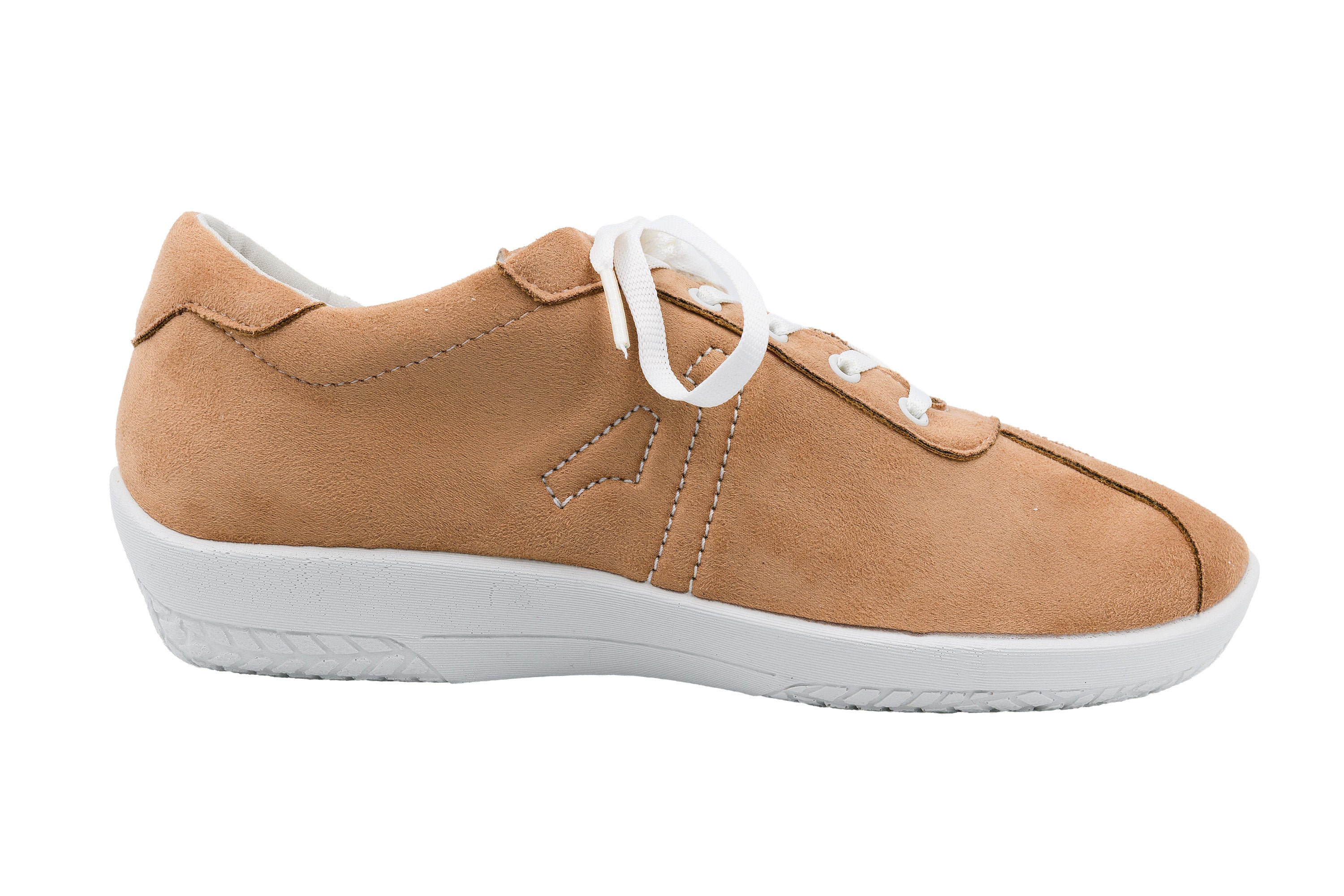 Tan sneaker with white laces on a white background