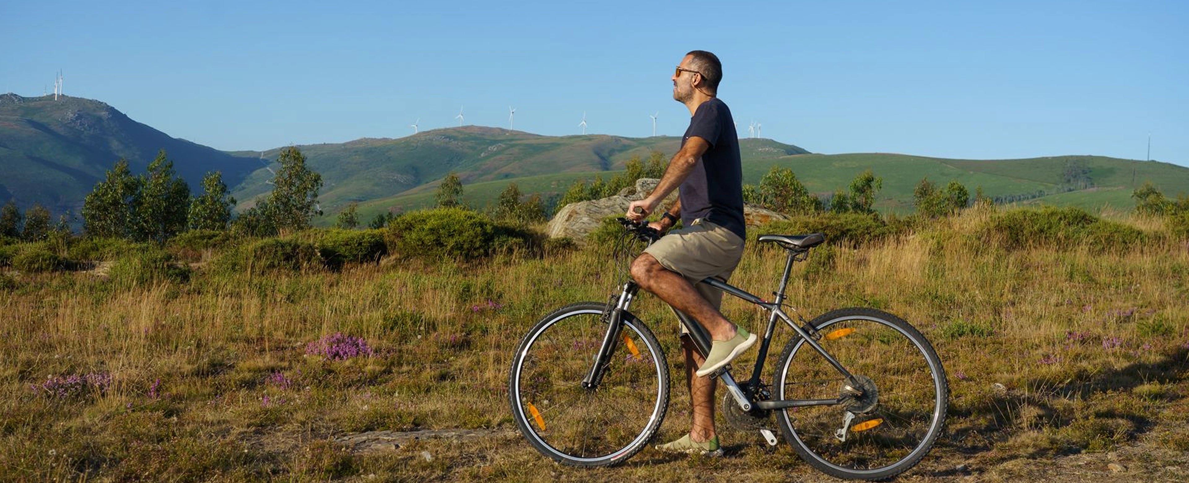 Man with a bicycle in a scenic landscape with mountains and open fields.