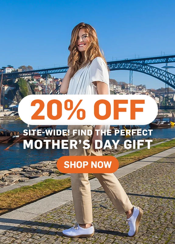 Woman walking by a waterfront with a promotional banner for 20% off Mother's Day gifts.